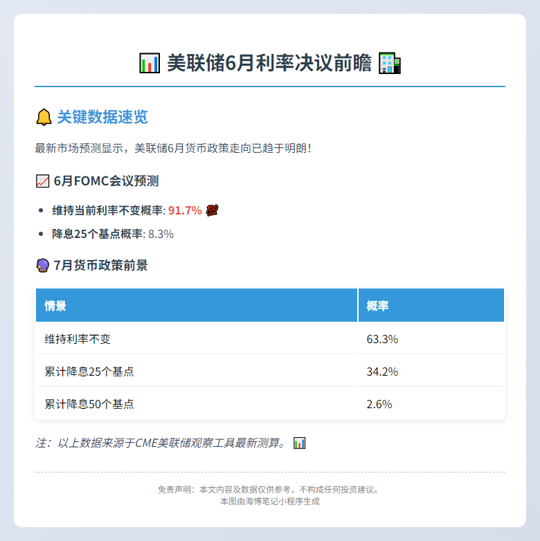 美联储6月利率不变概率达91.7%