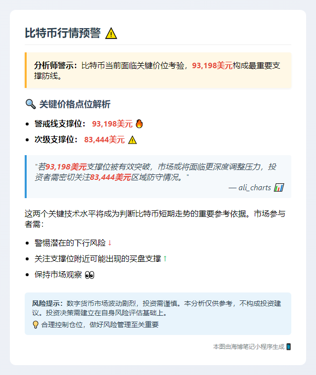 比特币支撑位93,198美元，跌破看83,444