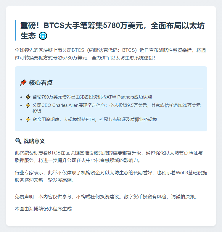 BTCS拟发债5780万美元增持以太坊
