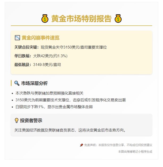黄金跌破3150美元/盎司