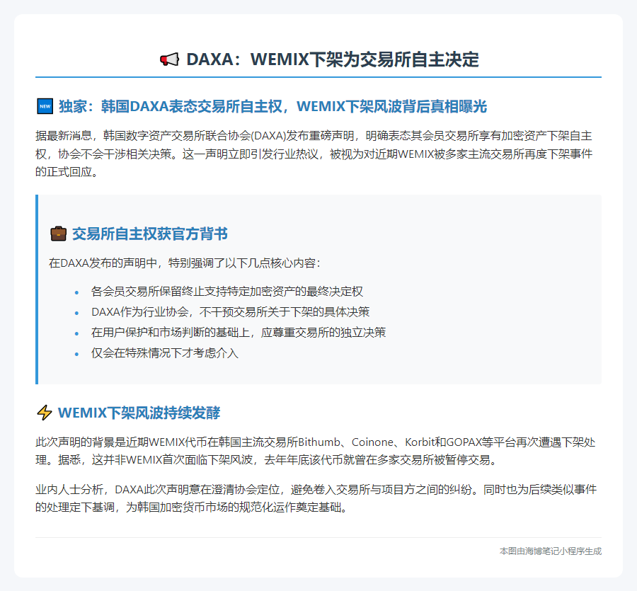 "DAXA：WEMIX下架为交易所自主决定"
