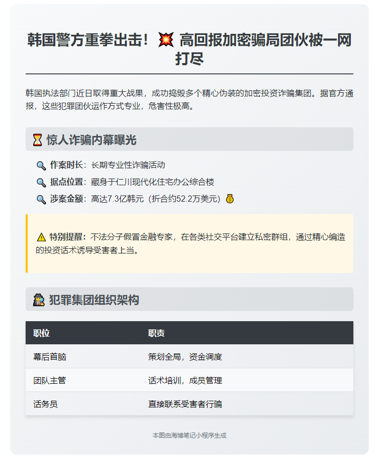 韩国破获加密投资诈骗团伙