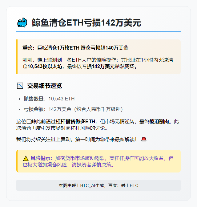 鲸鱼清仓ETH亏损142万美元