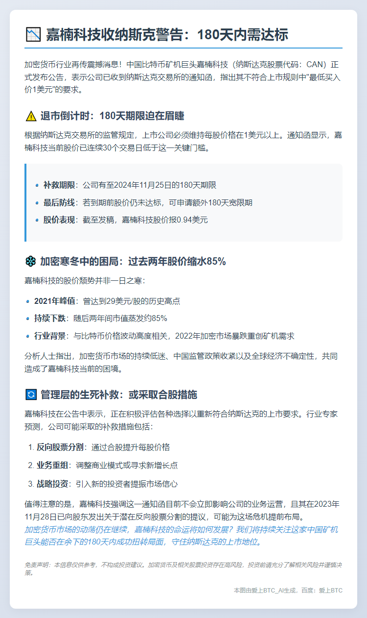 嘉楠科技收纳斯克警告：180天内需达标