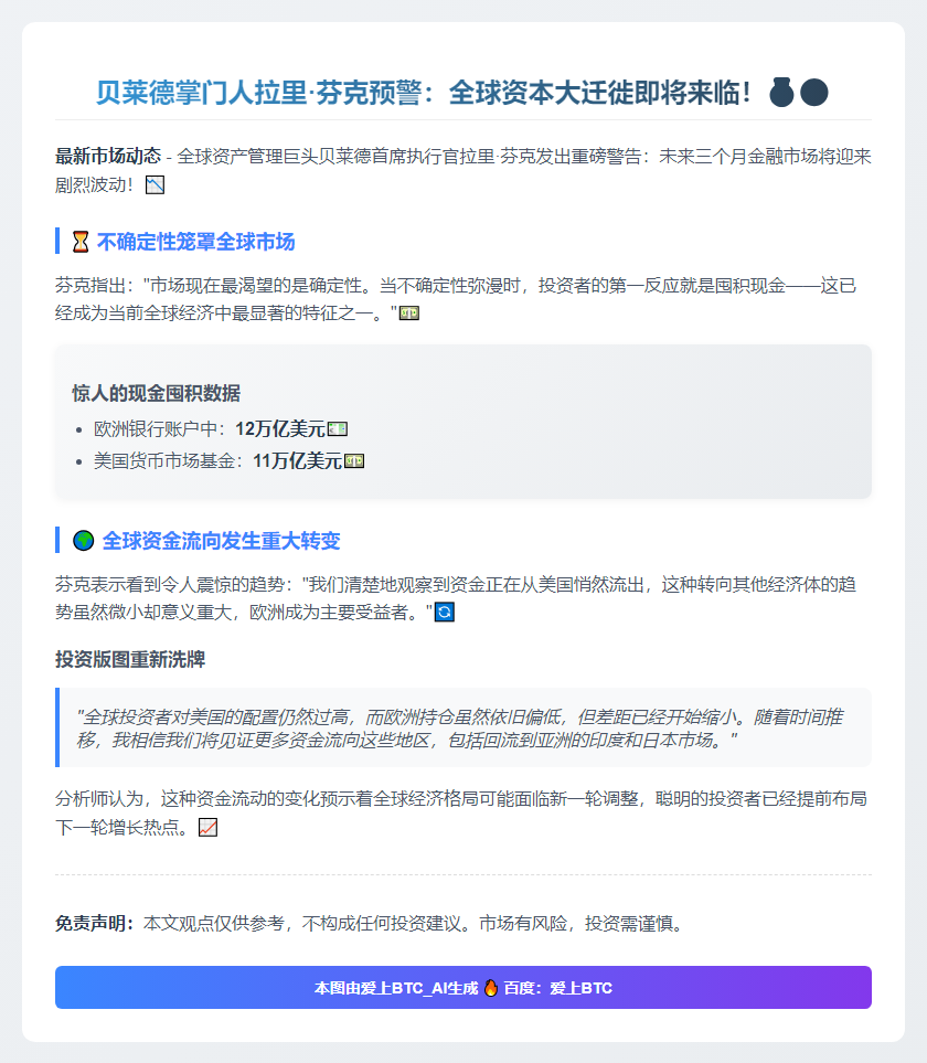 贝莱德CEO：未来90天波动 资金流从美转欧