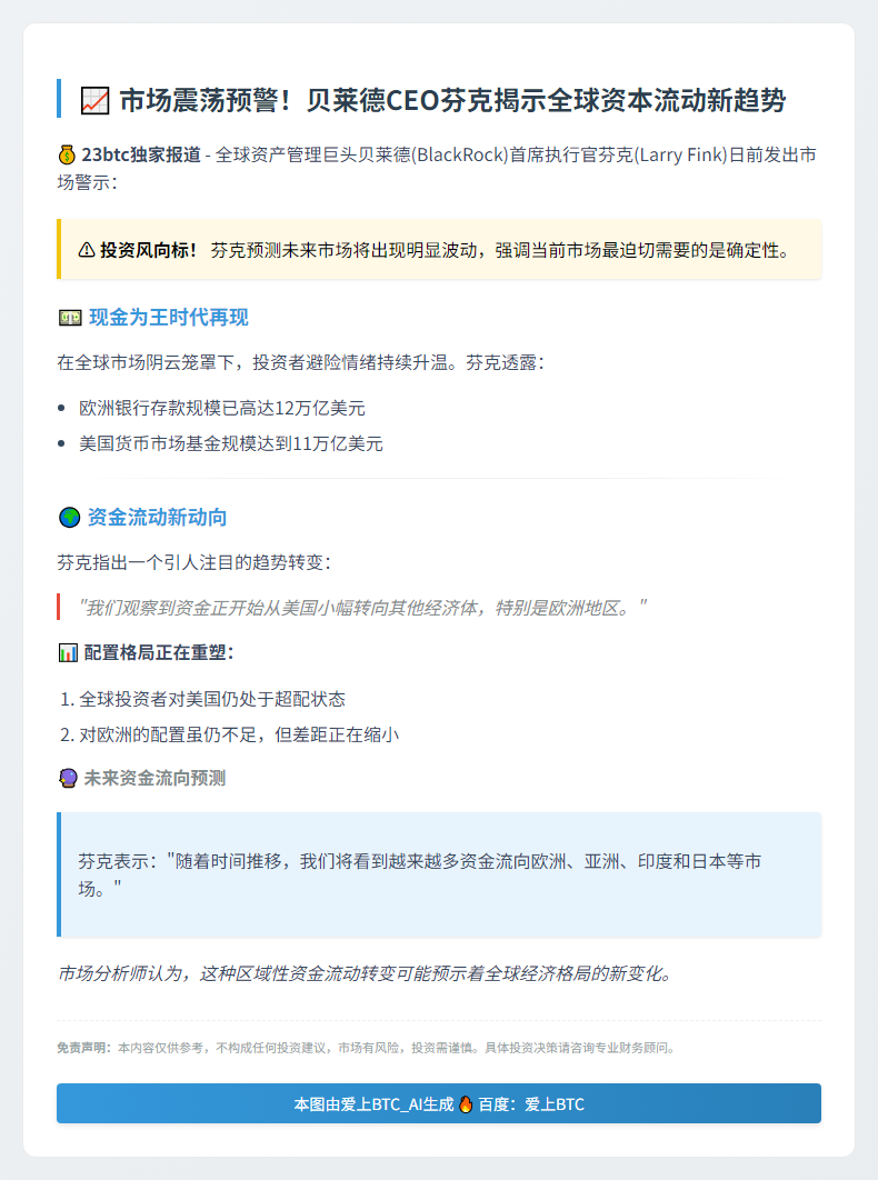 贝莱德CEO：未来3个月市场波动加剧