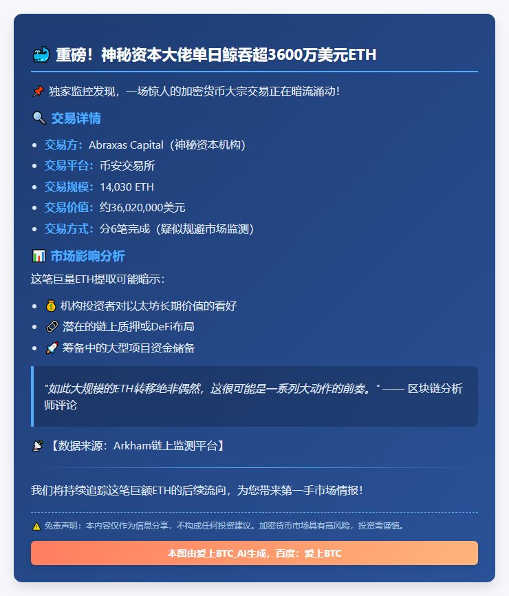 巨鲸从币安提取1.4万枚ETH