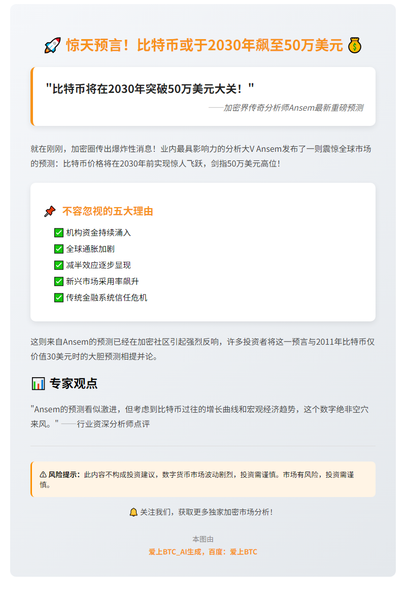 比特币或于2030年飙至50万美元