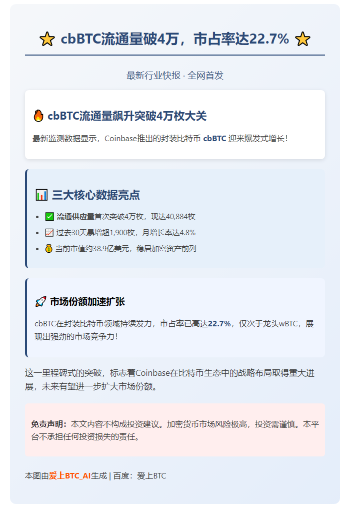 cbBTC流通量破4万，市占率达22.7%