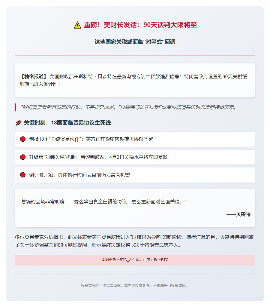 美财长警告：无贸易协议将恢复对等关税