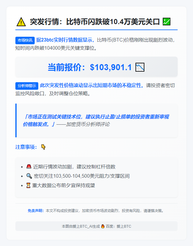 比特币跌破10.4万美元