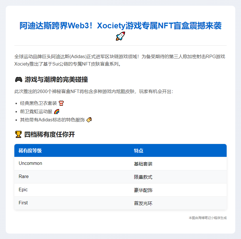 Adidas推出Sui链游戏NFT盲盒