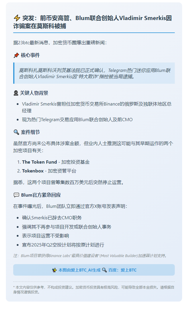 Blum联创Smerkis涉诈在俄被捕
