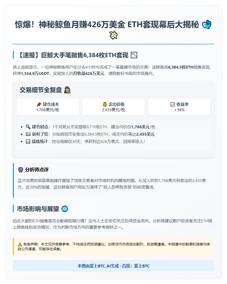 鲸鱼抛售6384枚ETH，月赚426万刀