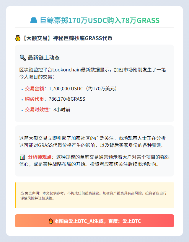巨鲸豪掷170万USDC购入78万GRASS