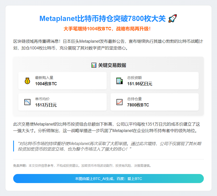 Metaplanet比特币持仓增至7800枚
