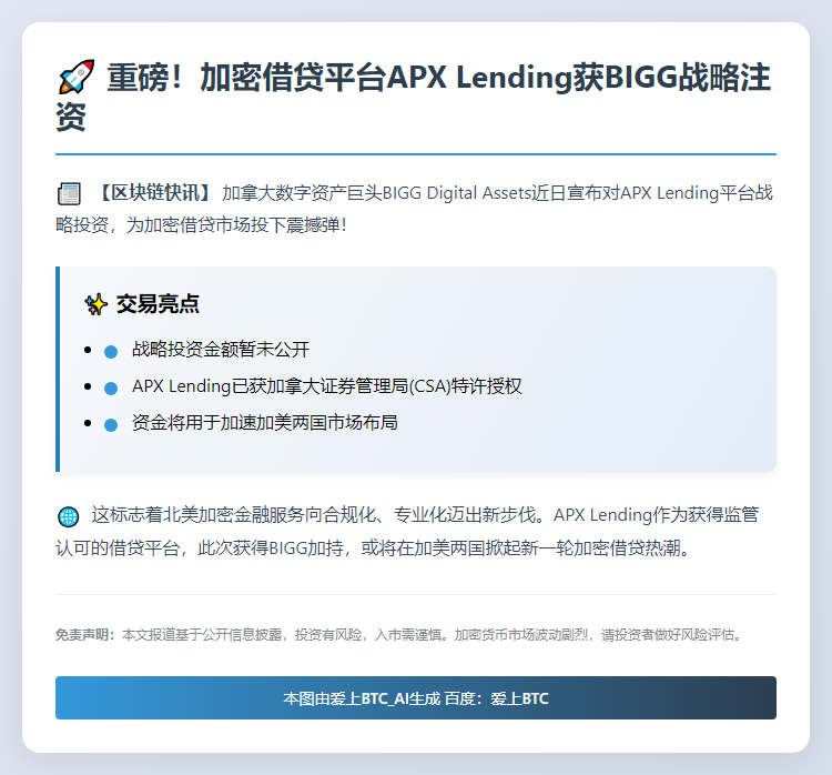 APX Lending获BIGG战略投资