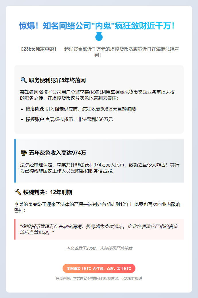 "网络经理侵占974万虚拟币判12年"