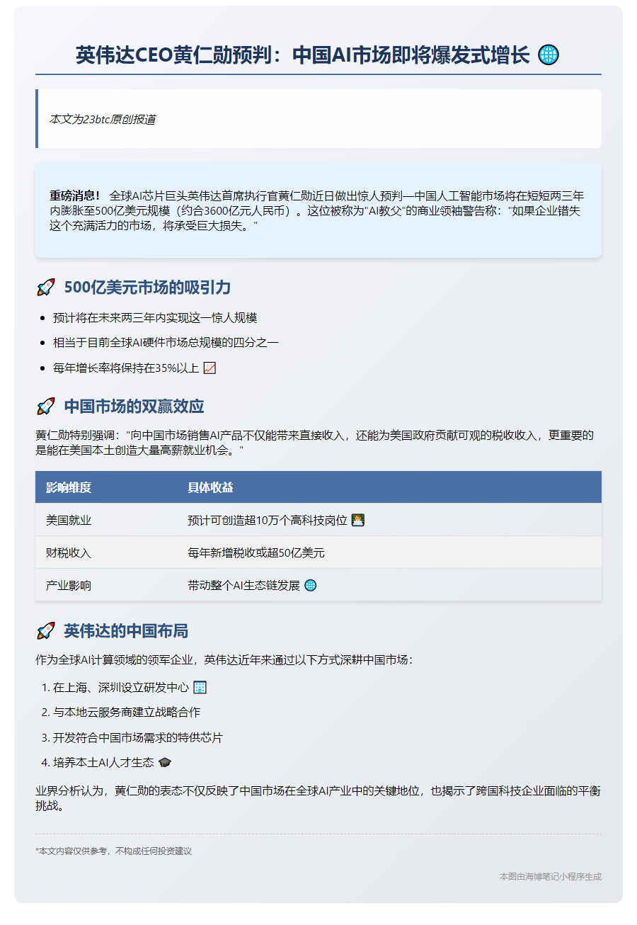 黄仁勋：中国AI市场将超500亿美金