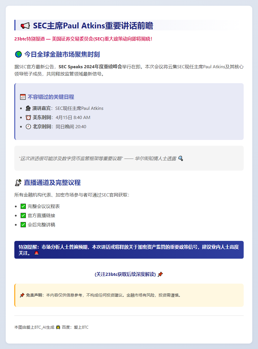 SEC主席Paul Atkins今晚20:40讲话