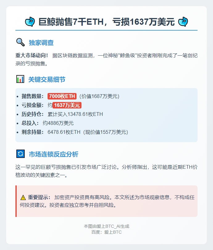 巨鲸抛售7千ETH，亏损1637万美元