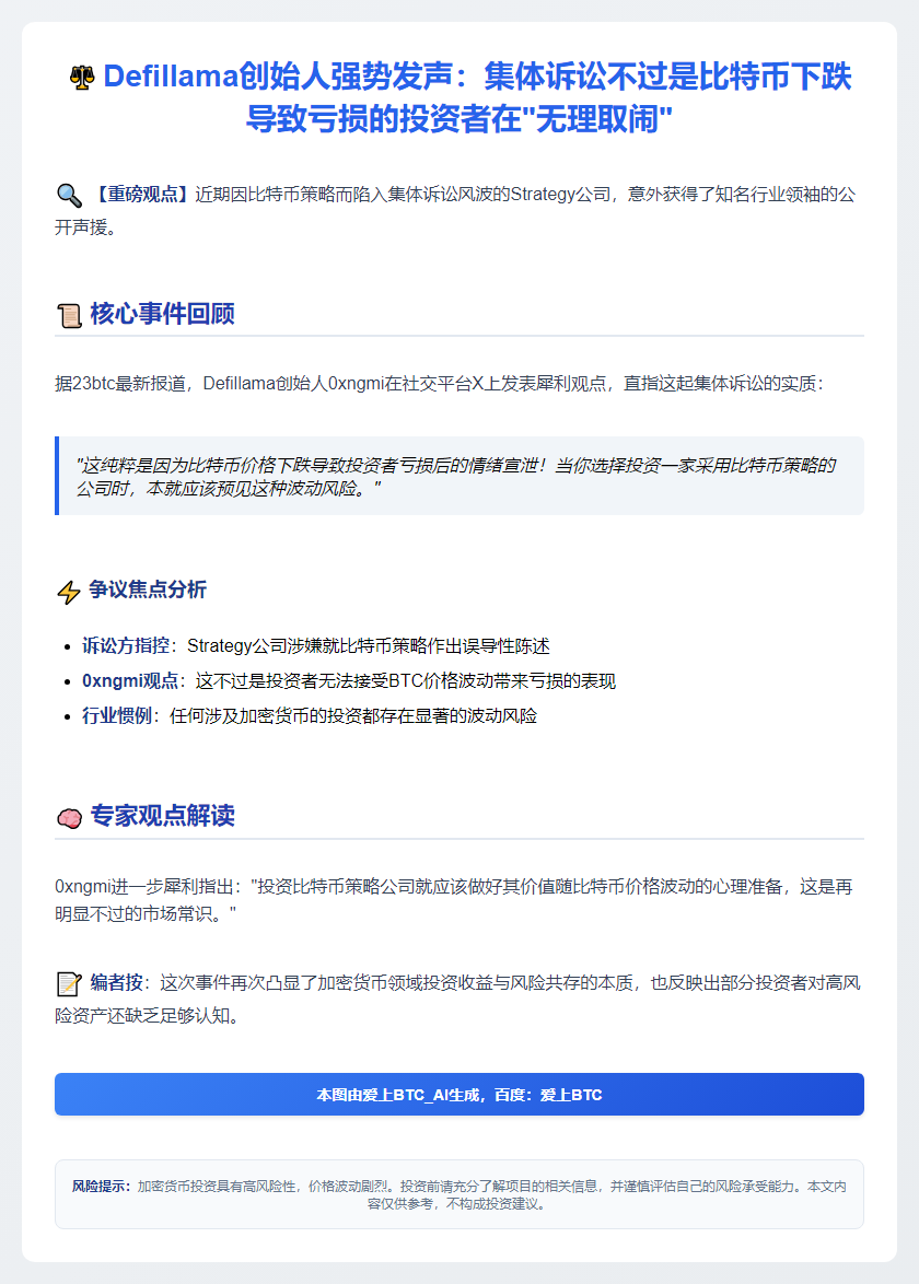 Defillama创始人挺Strategy：投资者诉讼因怕BTC跌损