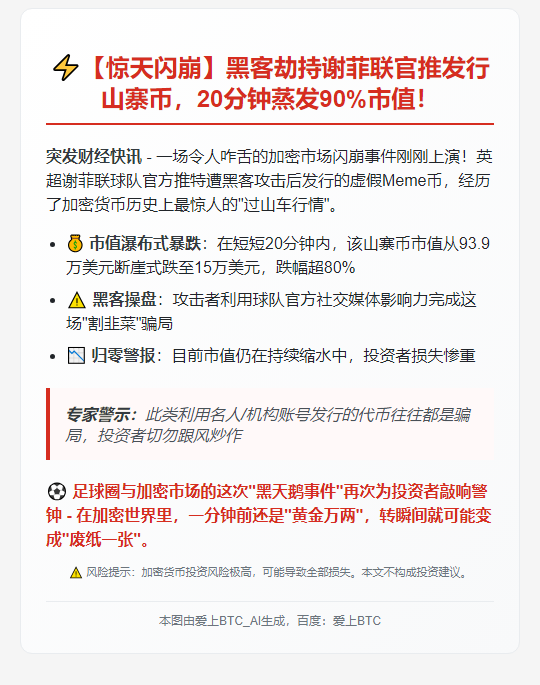 谢菲联meme币暴跌80%，市值仅15万