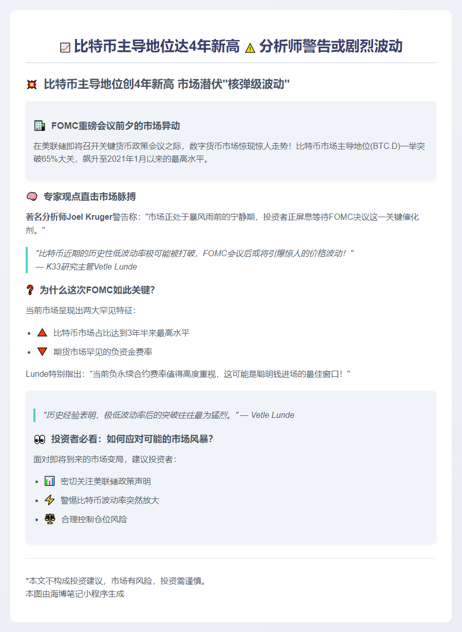比特币主导地位达4年新高 分析师警告或剧烈波动