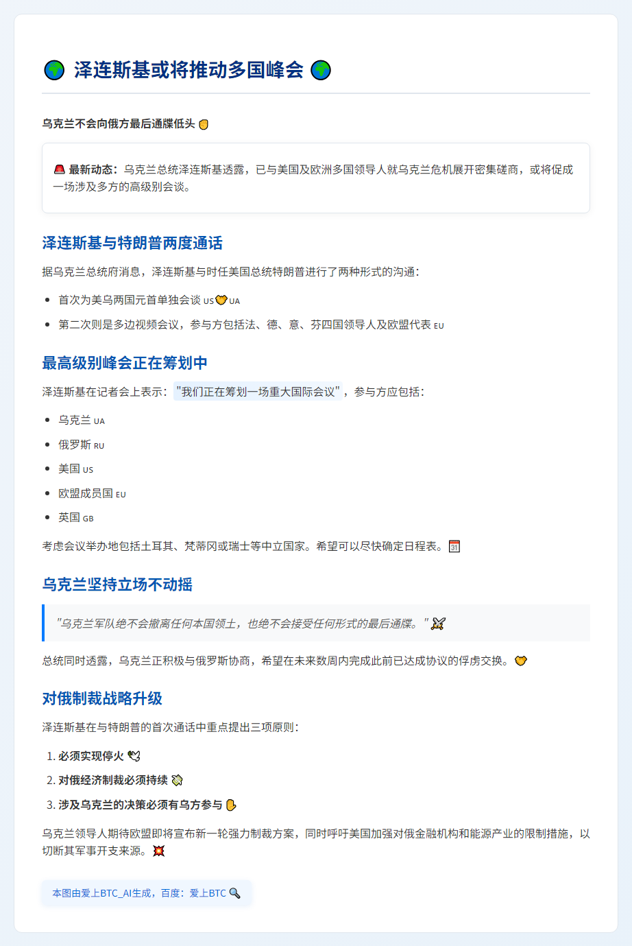 泽连斯基拟尽快促多方高层会谈