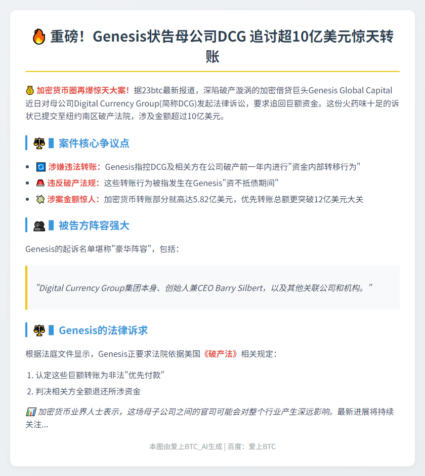 Genesis起诉母公司DCG追讨10亿美元
