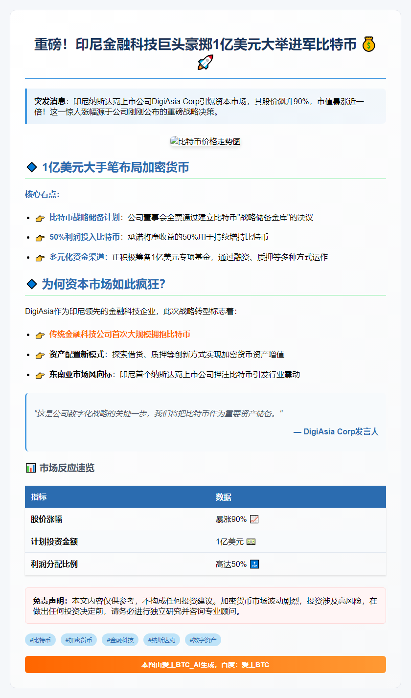 印尼DigiAsia融资1亿美元买比特币，股价飙升90%