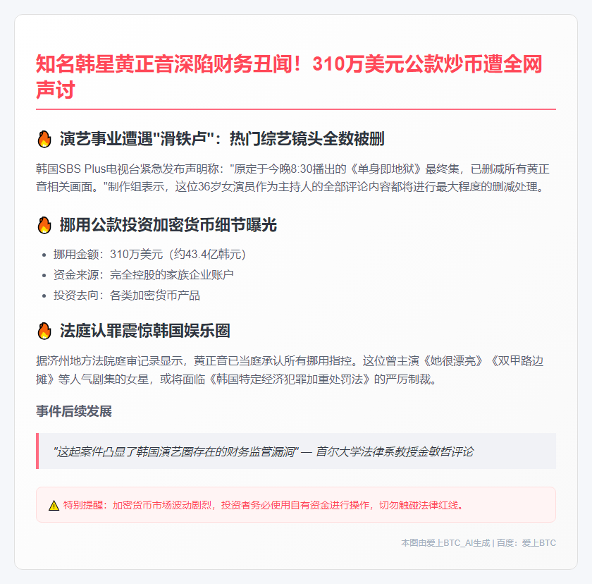 韩星黄正音挪用300万美元买币遭炮轰
