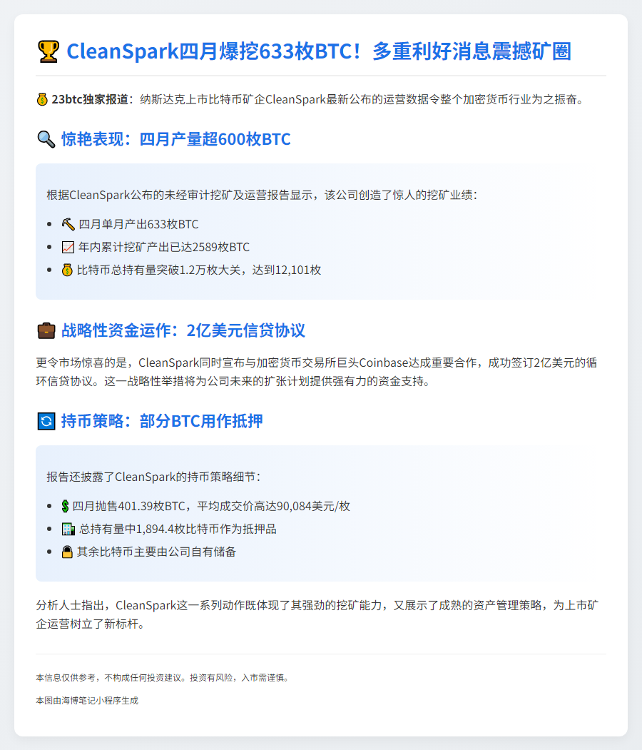 CleanSpark四月挖矿633枚BTC，储备达12101枚