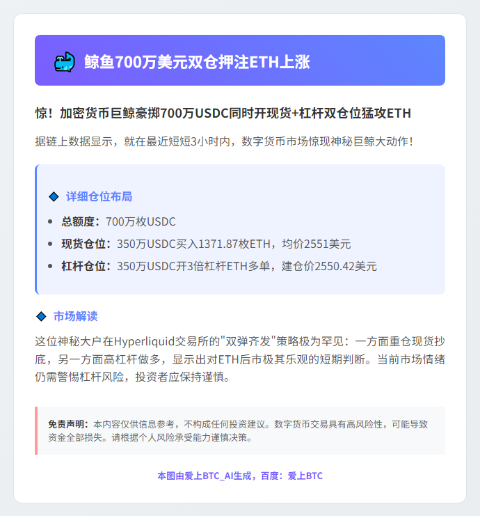 鲸鱼700万美元双仓押注ETH上涨