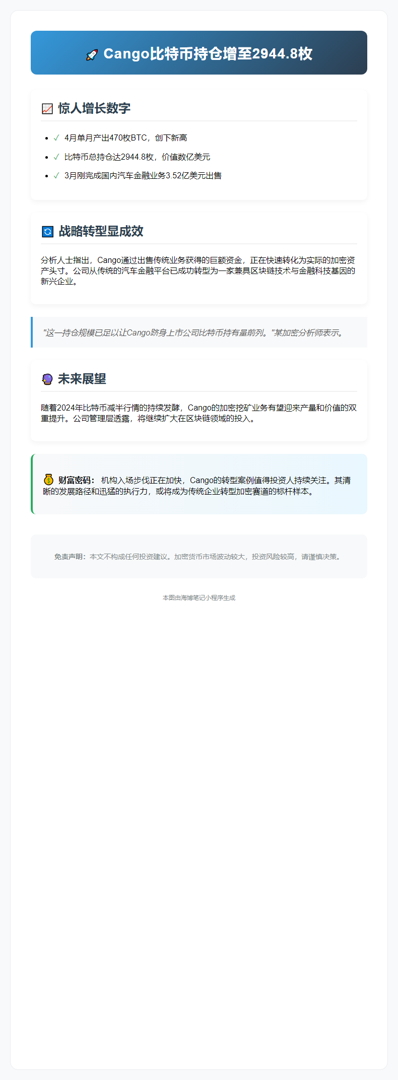 Cango比特币持仓增至2944.8枚