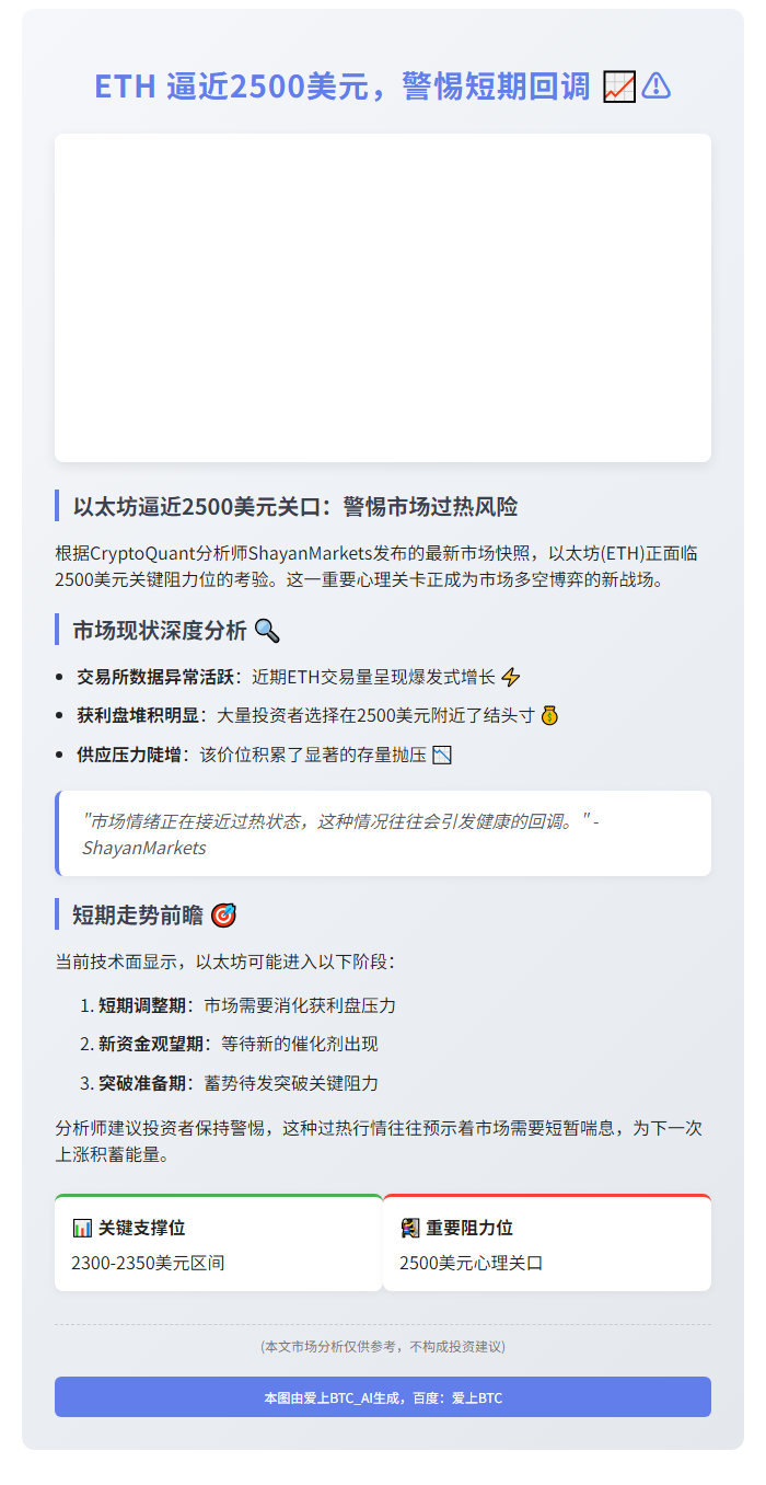 ETH 逼近2500美元，警惕短期回调