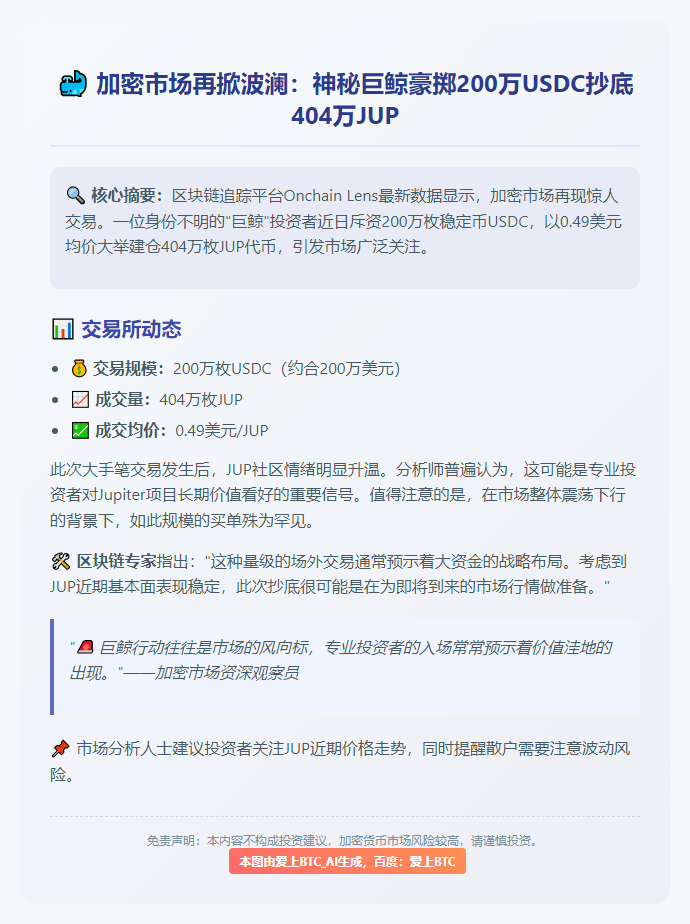 鲸鱼豪掷200万USDC购404万JUP