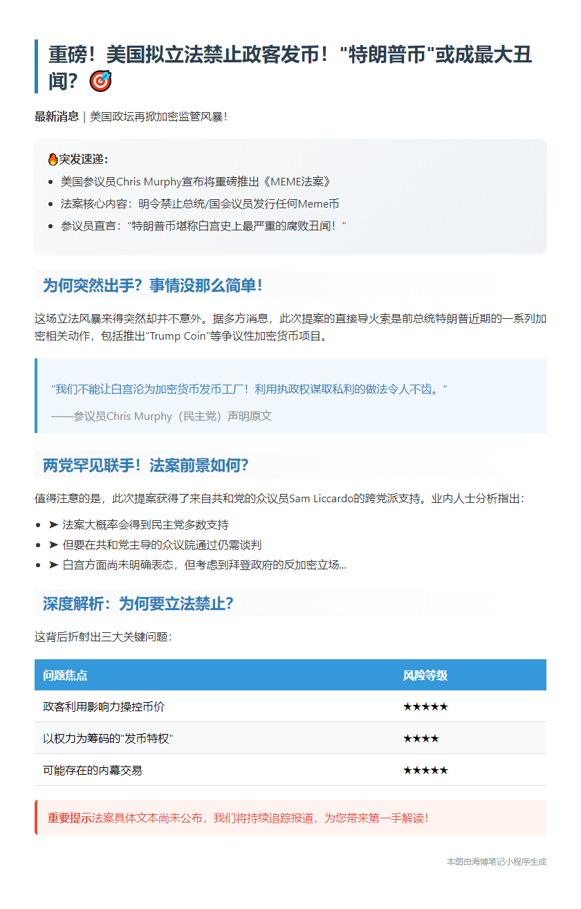 参议员提议禁官员发行Meme币