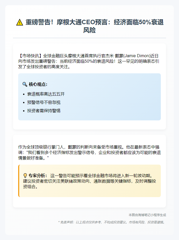 戴蒙：经济衰退可能性50%