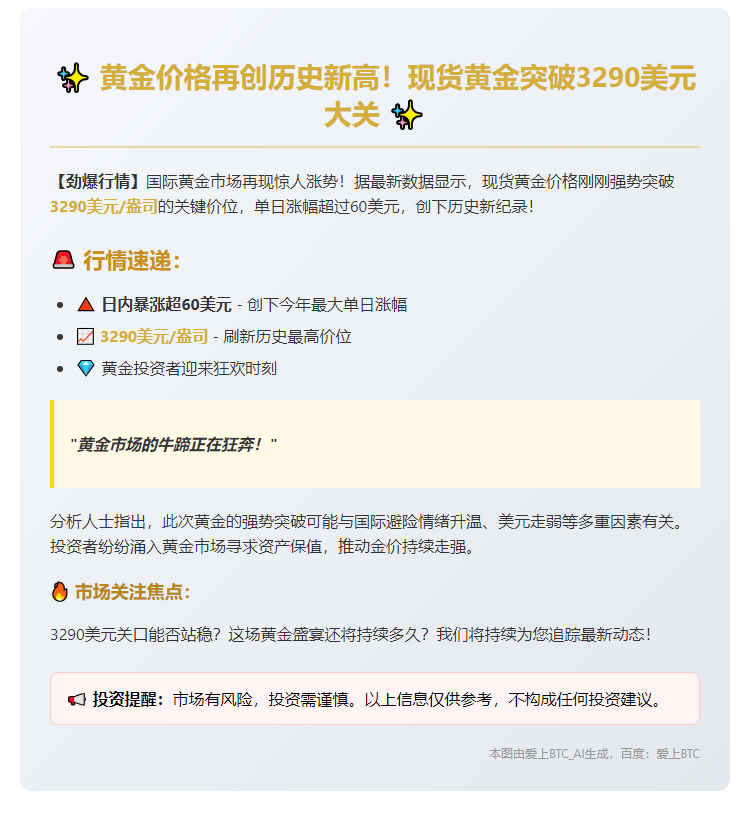 金价突破3290美元