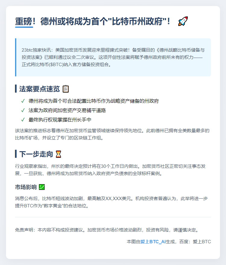 德州通过比特币储备投资案，待州长批准