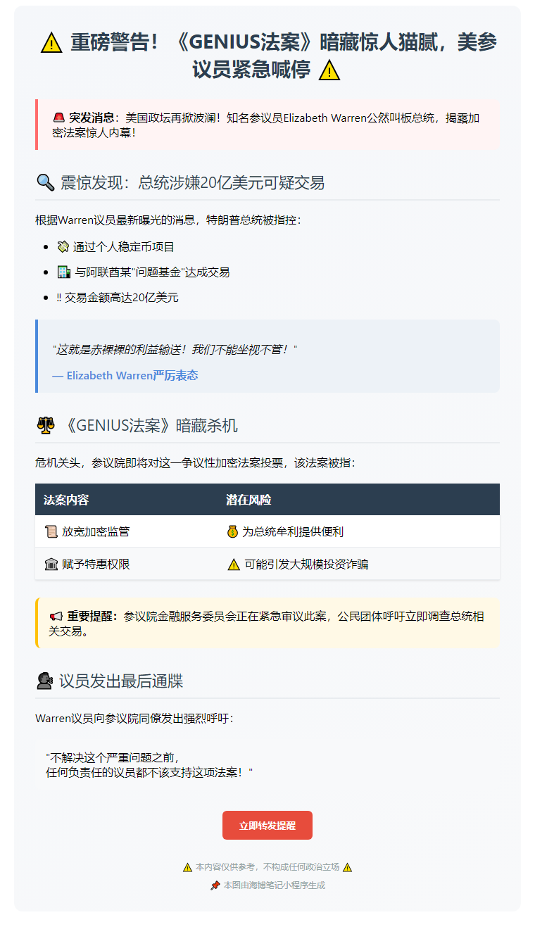 美参议员Warren呼吁否决《GENIUS法案》
