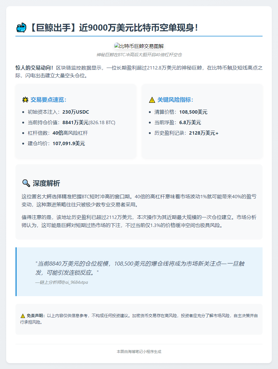 鲸鱼230万USDC做空BTC40倍