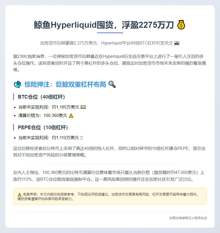 鲸鱼Hyperliquid囤货，浮盈2275万刀