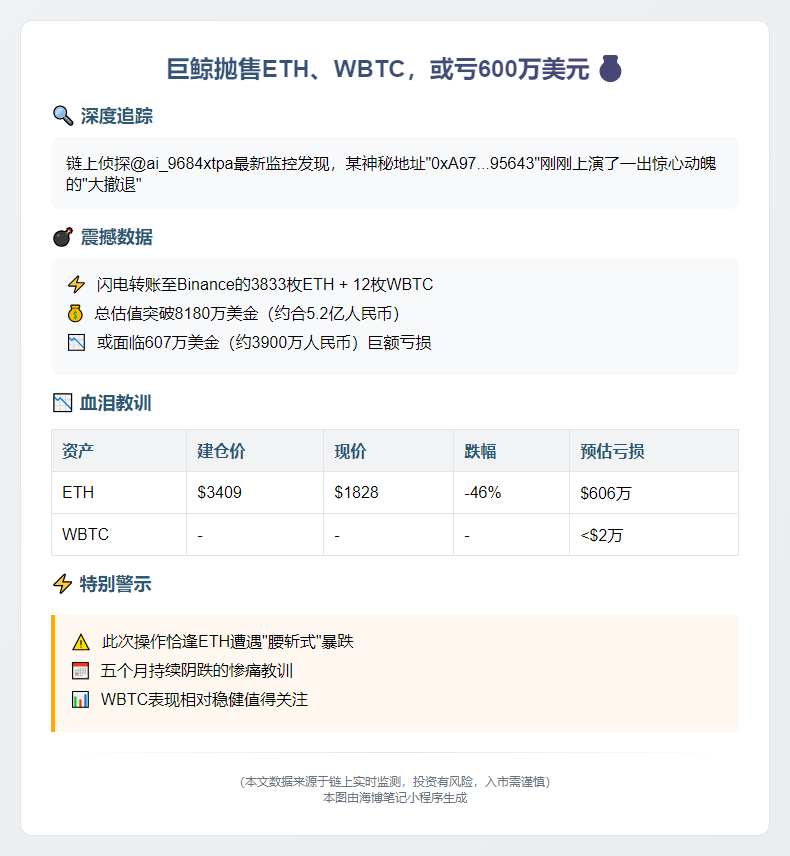 巨鲸抛售ETH、WBTC，或亏600万美元