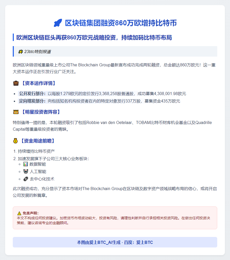 区块链集团融资860万欧增持比特币