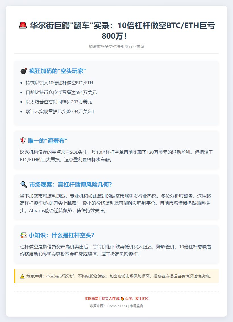 Abraxas Capital做空BTC和ETH浮亏794万
