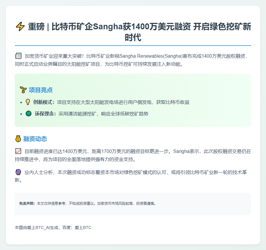 比特币矿企Sangha融资1400万启动太阳能挖矿