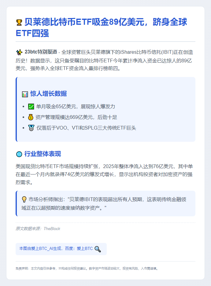 贝莱德IBIT吸金89亿，居全球ETF第四