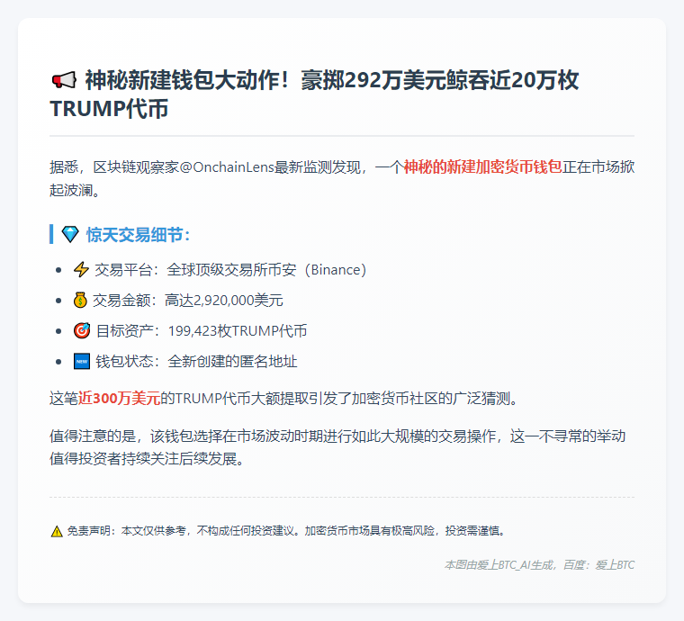新建钱包从币安提取292万美元TRUMP代币